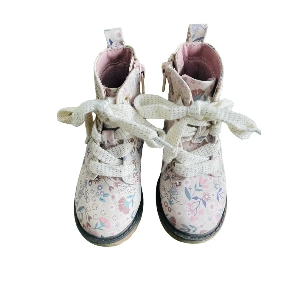 Cat & Jack Toddler Girls Floral Combat Boots Pink Blue Flower Size‎ 5 Zip Up
